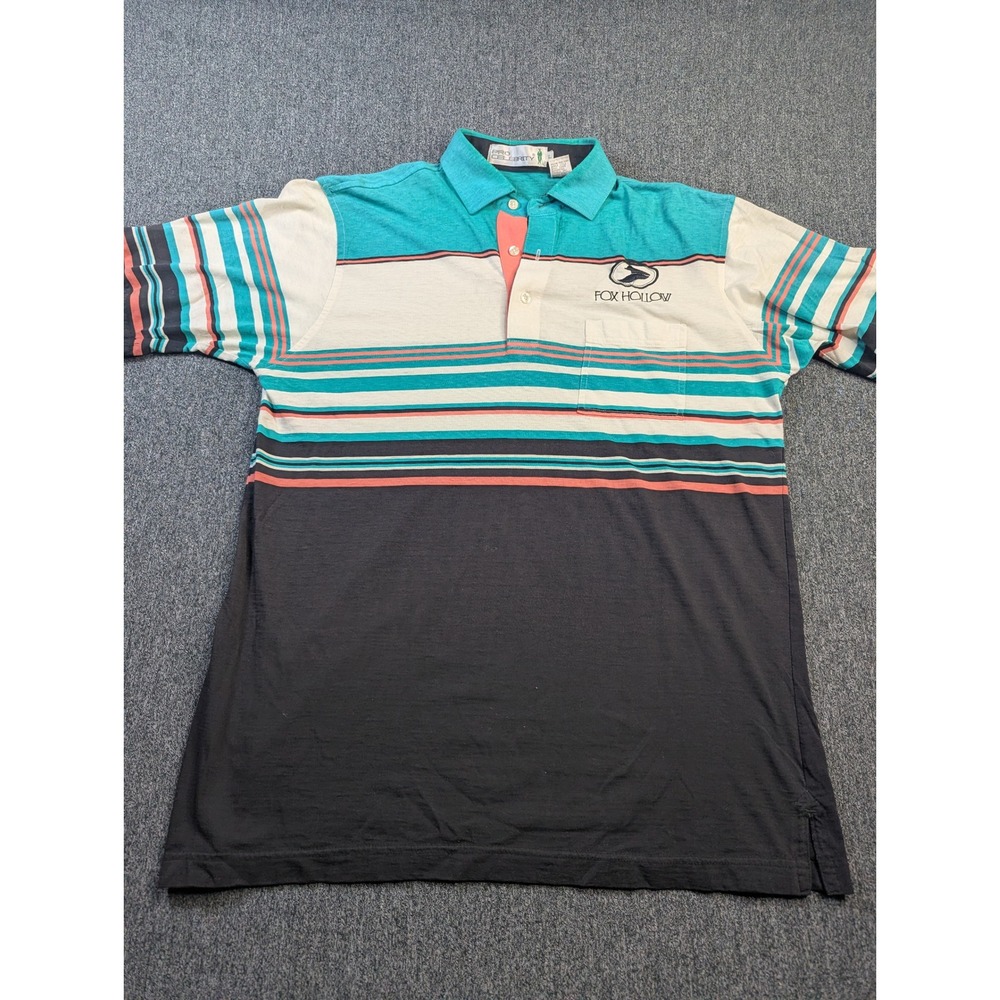 Pro‎ Celebrity Mens Fox Hollow Striped Polo Shirt Teal Coral Black Size L